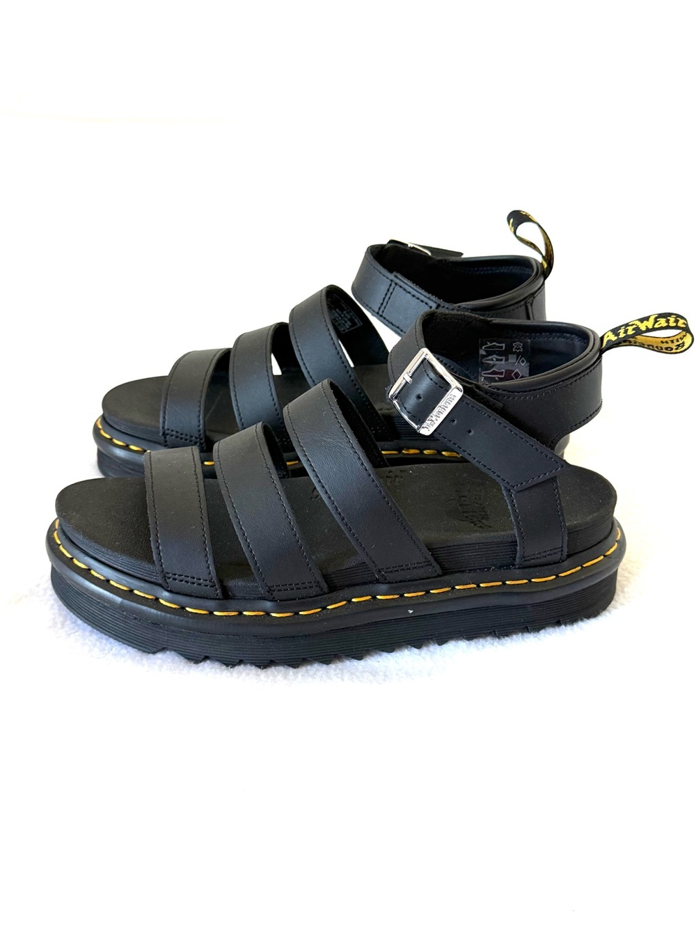 Dr. Martens Black Leather Strap Sandals with Yellow Stitching